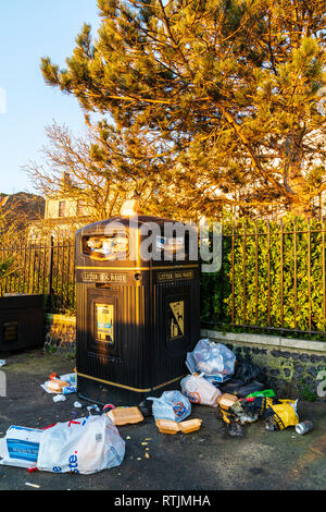 Poubelle débordant sur matin après un samedi soir. Grand noir marqué 'bin/déchets déchets' chien débordant de boîtes et de contenants alimentaires en plastique Banque D'Images