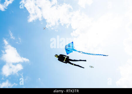 Johor Bahru, Malaisie. 1er mars 2019. Cerfs-volants et un avion voler dans le ciel pendant la 24e Pasir Gudang World Kite Festival à Pasir Gudang, de l'État de Johor, Malaisie, le 1 mars 2019. Les participants de plus de 40 pays et régions ont pris part à la compétition de cerf-volant et l'événement pendant les cinq jours du festival. Credit : Zhu Wei/Xinhua/Alamy Live News Banque D'Images