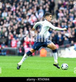 Londres, Royaume-Uni. 2 mars 2019. Erik Lamela de Tottenham Hotspur pendant le premier match de championnat entre Arsenal et Tottenham Hotspur au stade de Wembley, Londres, Angleterre le 2 mars 2019. Photo par Adamo Di Loreto. Usage éditorial uniquement, licence requise pour un usage commercial. Aucune utilisation de pari, de jeux ou d'un seul club/ligue/dvd publications. Banque D'Images