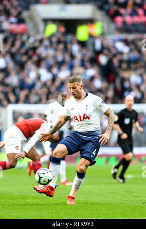 Londres, Royaume-Uni. 2 mars 2019. Toby Alderweireld de Tottenham Hotspur pendant le premier match de championnat entre Arsenal et Tottenham Hotspur au stade de Wembley, Londres, Angleterre le 2 mars 2019. Photo par Adamo Di Loreto. Usage éditorial uniquement, licence requise pour un usage commercial. Aucune utilisation de pari, de jeux ou d'un seul club/ligue/dvd publications. Banque D'Images