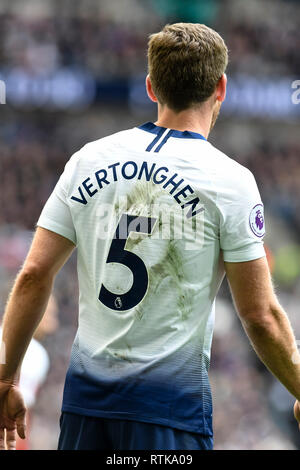 Londres, Royaume-Uni. 2 mars 2019. Jan Vertonghen de Tottenham Hotspur pendant le premier match de championnat entre Arsenal et Tottenham Hotspur au stade de Wembley, Londres, Angleterre le 2 mars 2019. Photo par Adamo Di Loreto. Usage éditorial uniquement, licence requise pour un usage commercial. Aucune utilisation de pari, de jeux ou d'un seul club/ligue/dvd publications. Banque D'Images