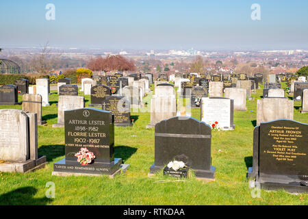 Février le plus chaud jamais enregistré - Fox cimetière clandestin surplombant la ville de Warrington au soleil Banque D'Images