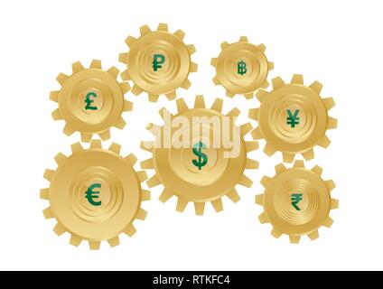 Monnaie d'or de pignons avec symboles de devises sur fond blanc, Vector illustration. Illustration de Vecteur