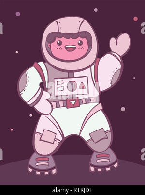 Comic cartoon garçon astronaute en costume de l'espace atterrit sur planète illustration Banque D'Images