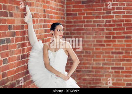 Super mince ballerine en pointes faisant près de la mezzanine mur. la photo en gros. copy space Banque D'Images