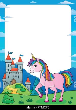 Licorne près de castle cadre thématique 1 - eps10 vector illustration. Illustration de Vecteur