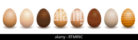 Les oeufs de Pâques en bois. Différentes espèces de types de bois - ensemble de huit, poli, verni échantillons texturés - marron, noir, gris, rouge, jaune, décor. Banque D'Images