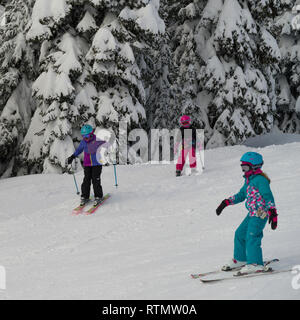 Les touristes le ski à Sun Peaks Resort, Sun Peaks, Kamloops, British Columbia, Canada Banque D'Images