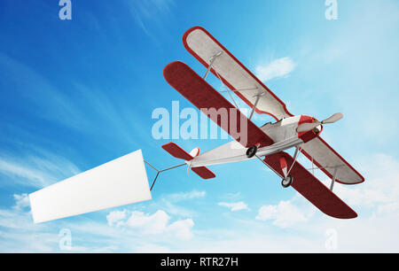 Avion classique blanc tirant bannière de texte. 3D illustration. Banque D'Images