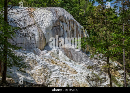 L'eau thermale à Bagni San Filippo ont créé un paysage de formations de calcaire blanc, de cascades et de petits bassins en forêt, Toscane, Italie Banque D'Images