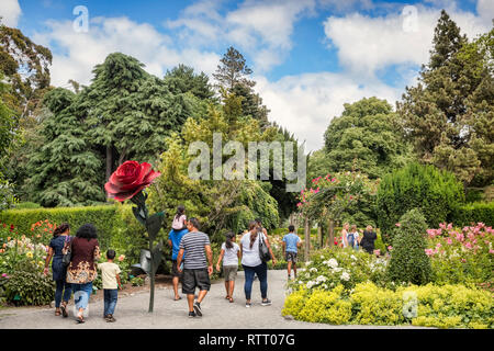 8 Janvier 2019 : Christchurch, Nouvelle-Zélande - Les visiteurs qui entrent dans le jardin de roses dans les jardins botaniques de Christchurch. Banque D'Images