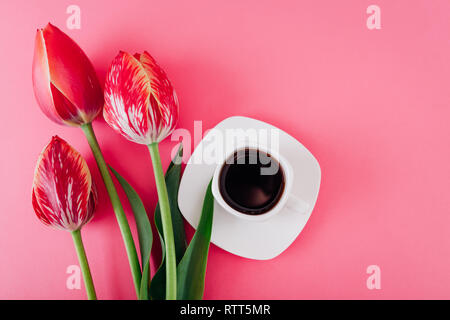 Tasse de café esspresso et tulipes fraîches sur fond rose. Bonjour. L'inspiration pour un nouveau jour Banque D'Images