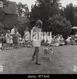 1967, jeune dame promener son chien à des concours de chiens lors d'une fete, England, UK. Banque D'Images