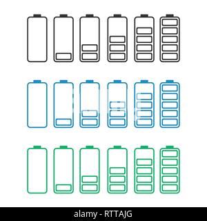 Rejetés dans des batteries entièrement chargées en différentes couleurs, icônes vectorielles Illustration de Vecteur