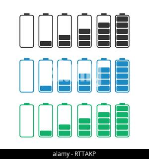 Rejetés dans des batteries entièrement chargées en différentes couleurs, icônes vectorielles Illustration de Vecteur