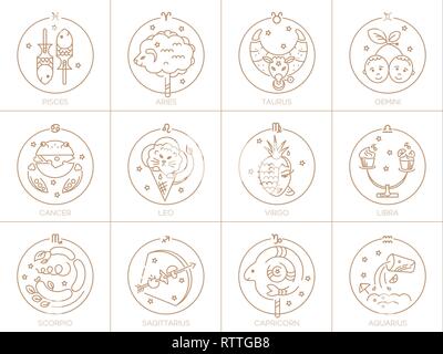 Vector signes du zodiaque en cercles de couleur or sur fond blanc, logo, illustration ou de tatouage. Prévisions astrologiques, horoscope alimentaire pour c Illustration de Vecteur