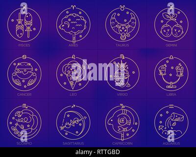 Vector signes du zodiaque en cercles de couleur or sur fond bleu, logo, illustration ou de tatouage. Prévisions astrologiques, horoscope alimentaire Illustration de Vecteur