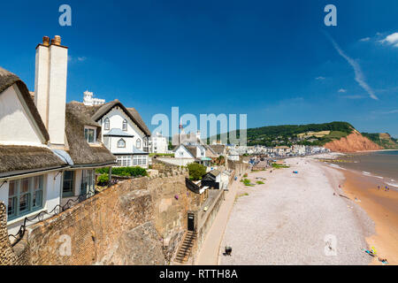 À l'est le long de la promenade et de maisons vers la falaise, falaises de grès rouge sur la côte jurassique à Sidmouth, Devon, England, UK Banque D'Images