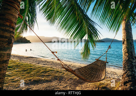 Hamac vide entre deux palmiers sur la plage au coucher du soleil. Silhouette de couple dans le contexte en mer. Maison de vacances et locations de concept Banque D'Images