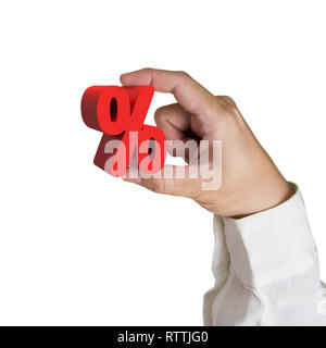 Hand holding red 3D signe pourcentage isolé sur fond blanc Banque D'Images