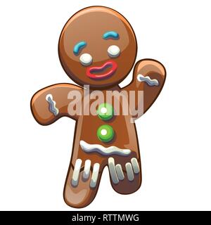 Gingerbread Man décoré de givrage coloré isolé sur fond blanc. Maison de cookie en forme de garçon. Cartoon Vector illustration close-up. Illustration de Vecteur