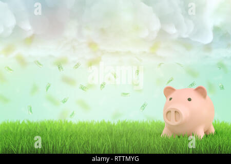 Le rendu 3D de pink piggy bank avec de l'argent dollars dans l'air sur l'herbe verte et des nuages blancs de fond Banque D'Images