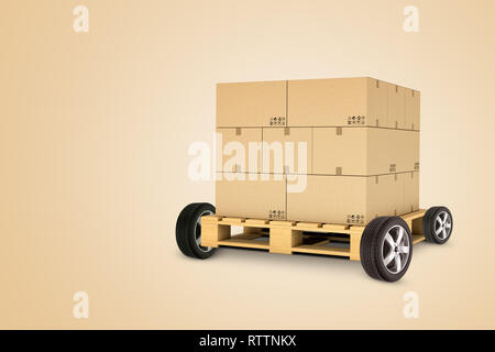 Le rendu 3D de palette en bois sur roulettes avec des boîtes en carton sur-le sur fond beige Banque D'Images