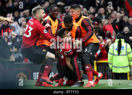 Manchester United, Andreas Pereira célèbre marquant son deuxième but de côtés du jeu pendant la Premier League match à Old Trafford, Manchester. Banque D'Images