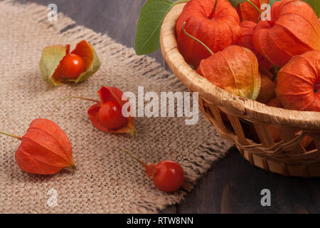 Physalis dans un panier en osier sur la table Banque D'Images