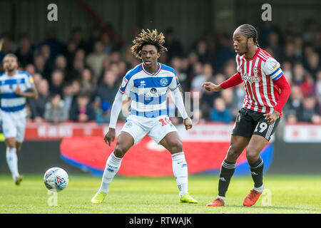 Griffin Park, Londres. 2 mars 2019. Sawyers romaine de Brentford pendant l'EFL Sky Bet match de championnat entre Brentford et Queens Park Rangers à Griffin Park, Londres, Angleterre le 2 mars 2019. Photo par Salvio Calabrese. Usage éditorial uniquement, licence requise pour un usage commercial. Aucune utilisation de pari, de jeux ou d'un seul club/ligue/dvd publications. Banque D'Images