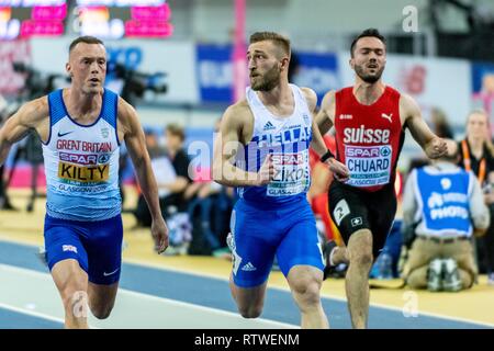 Glasgow, Ecosse, Royaume-Uni. 2 mars, 2019. Richard KILTY GBR, ZÍKOS Konstadínos GRE et CHUARD SUI Sylvain qui se font concurrence sur les demi-finales hommes 60m au cours de l'événement de deux jours de l'Europe d'athlétisme en salle 2019 à Emirates Arena de Glasgow, Ecosse, Royaume-Uni. Crédit : 2.03.2019 Cronos/Alamy Live News Banque D'Images