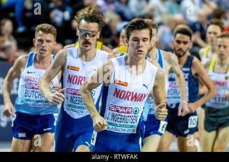 Glasgow, Ecosse, Royaume-Uni. 2 mars, 2019. Jakob INGEBRIGTSEN ni concurrence sur le 3000m hommes événement final au cours de la deuxième journée de l'Europe d'athlétisme en salle 2019 à Emirates Arena de Glasgow, Ecosse, Royaume-Uni. Crédit : 2.03.2019 Cronos/Alamy Live News Banque D'Images