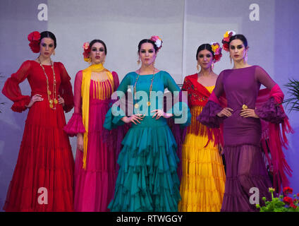 Malaga, Malaga, Espagne. 2e Mar, 2019. Vu portant des modèles de robes de flamenco qui pose pour les photographes sur le podium au cours de la IV International Fashion Fair Flamenco (FIMAF) dans l'hôtel NH au centre-ville de ville. Chaque année une nouvelle édition de l'International Fashion Fair Flamenco se produit, une rencontre avec les concepteurs pour promouvoir et présenter l'avant-saison mode flamenca designs. L'industrie de la mode flamenco est un moteur économique de l'Andalousie, et sa culture est reconnu à l'échelle internationale. Credit : Jésus Merida/SOPA Images/ZUMA/Alamy Fil Live News Banque D'Images