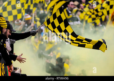 Samedi, Mars 02, 2019 : Columbus Crew SC fans dans la première moitié du match entre les New York Red Bulls et Columbus Crew SC dans le match d'ouverture au stade de Mapfre, à Columbus OH. Crédit Photo obligatoire : Dorn Byg/Cal Sport Media. Columbus Crew SC 0 - New York Red Bulls 0 Banque D'Images