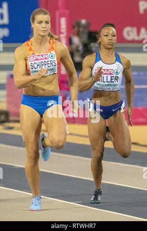 Glasgow, Ecosse, Royaume-Uni. 2 mars, 2019. Les Pays-Bas' Dafne Schippers et Grande-bretagne's Rachel Miller concurrence dans le women's 60 mètres demi-finale (numéro 2), au cours de la deuxième journée de l'Europe d'athlétisme 2019 Glasgow en salle, à l'Emirates Arena. Iain McGuinness / Alamy Live News Banque D'Images