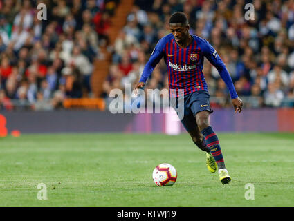 Ousmane Dembele du FC Barcelone au cours de la Liga match entre le Real Madrid et le FC Barcelone à Santiago BernabÈu à Madrid. Score final : Real Madrid 0 - 1 FC Barcelone Banque D'Images