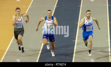 Glasgow, Ecosse, Royaume-Uni. 2 mars, 2019. L'Allemagne Kevin Kranz, Grande-Bretagne's Richard Kilty, KonstadÃ-no ZÃ-kos et la concurrence vers la ligne d'arrivée dans l'épreuve du 60 mètres, finale lors de la deuxième journée de l'Europe d'athlétisme 2019 Glasgow en salle, à l'Emirates Arena. Iain McGuinness / Alamy Live News Banque D'Images