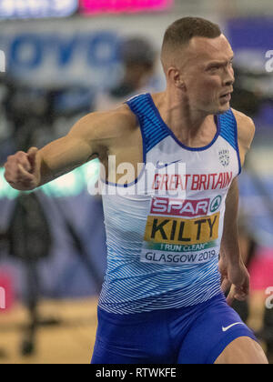 Glasgow, Ecosse, Royaume-Uni. 2 mars, 2019. La société britannique Richard Kilty est en compétition dans l'épreuve du 60 mètres demi-finale (numéro 1), au cours de la deuxième journée de l'Europe d'athlétisme 2019 Glasgow en salle, à l'Emirates Arena. Iain McGuinness / Alamy Live News Banque D'Images