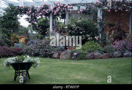 COUNTRY GARDEN DISPOSE D''brouette, pelouse et un assortiment de plantes de rocaille. RAMBLING ROSE ROSE COUVRANT PERGOLA. Banque D'Images