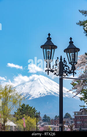 Close-up la neige a couvert le Mont Fuji ( Mt. Fuji ) avec fond de ciel bleu en rose Sakura fleurs de cerisier printemps journée ensoleillée. Lac Kawaguchiko Banque D'Images