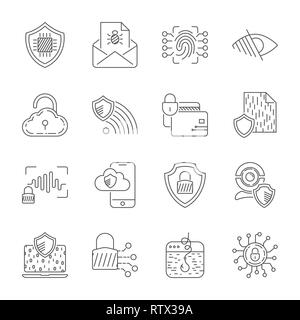 Set d'icones cyber protection et sécurité de l'Internet. Technologes de sécurité numérique. Ligne vectorielle d'icônes. Avc. modifiable EPS 10 Illustration de Vecteur