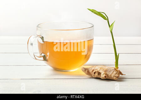 Racine de gingembre sec avec green sprout sur table en verre blanc sangliers, tasse de thé fraîchement infusé à côté. Banque D'Images