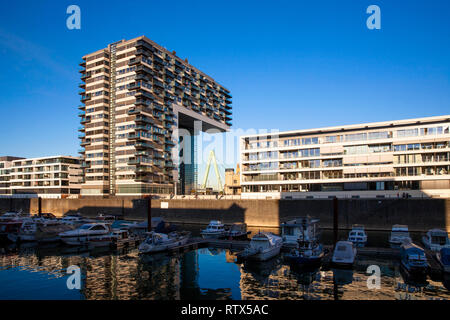 Crane House North à l'Rheinau Harbour, dans l'arrière-plan le pont Severins, Cologne, Allemagne. Kranhaus Nord im im Hintergrund die, Rheinauhafen Banque D'Images