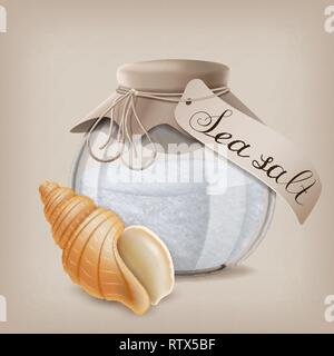 Le sel de mer dans un bocal en verre et de coquillage. Vector illustration Illustration de Vecteur