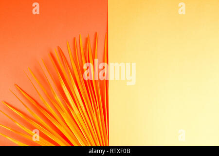 Feuille de palmier tropical sur fond jaune et rose. Mise à plat, vue du dessus, la tonalité des couleurs tendance Banque D'Images