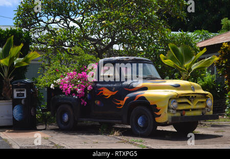 Camion coloré avec jardin fleuri dans son tronc, Hanapepe, Kauai, Hawaii, USA Banque D'Images