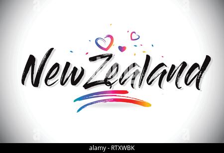 NewZealand Bienvenue à mot Texte avec amour Coeurs et manuscrites créatifs font Design Vector Illustration. Illustration de Vecteur