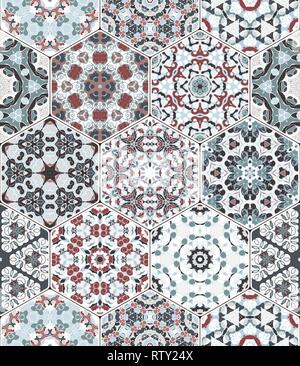 Un riche ensemble de carreaux en céramique hexagonale dans des tons de bleu. Éléments colorés dans un style oriental. Vector illustration. Illustration de Vecteur