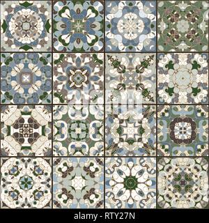 Une collection de carreaux de céramique de couleurs rétro. Un ensemble de modèles de carrés de style ethnique. Vector illustration. Illustration de Vecteur