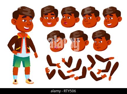 Jeune Indien, enfant, adolescent, enfant vecteur. Cheerful élève. Face à des émotions, différents gestes. Création d'animation défini. Télévision Personnage isolé Illustration de Vecteur